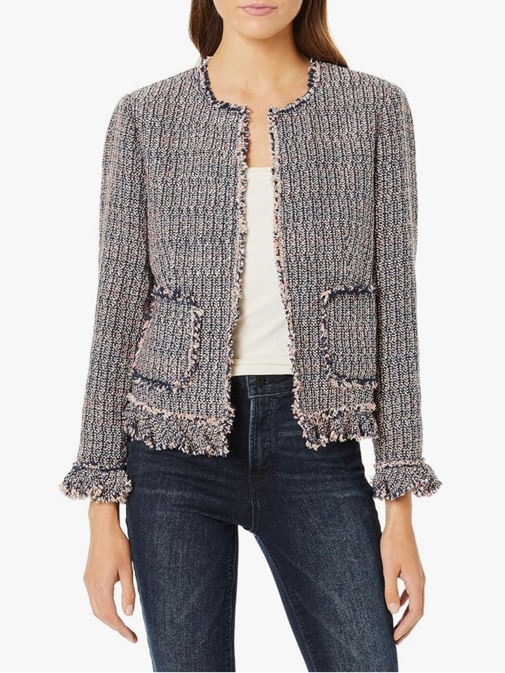 Rebecca Taylor Frayed Fringe Tweed Jacket Pink Navy White Blouse Blazer
